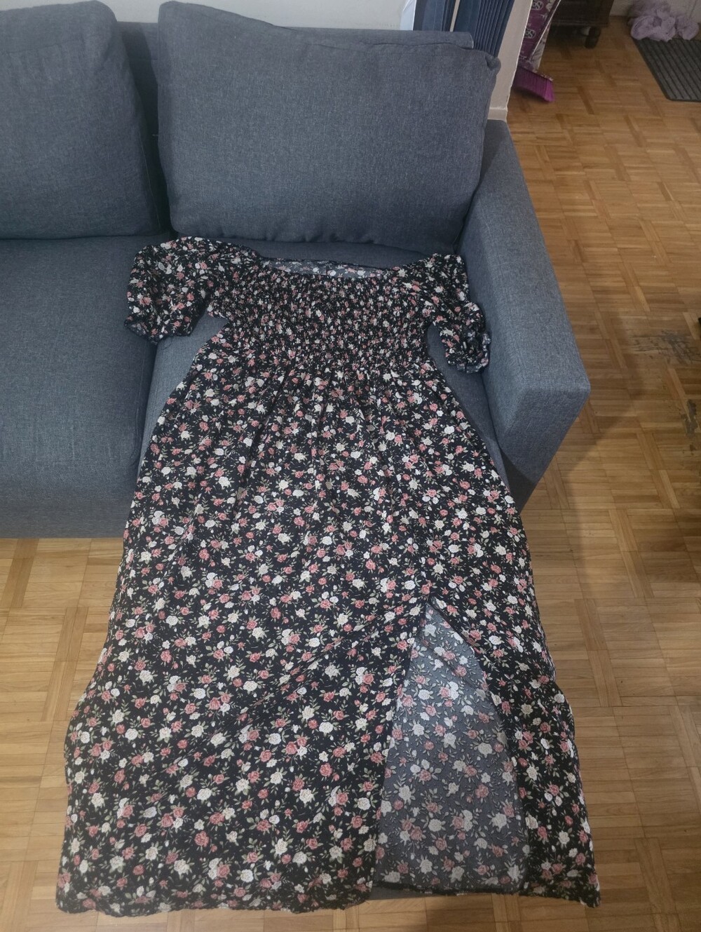 Black Floral Off-Shoulder Maxi Dress with Pink and Cream Flowers